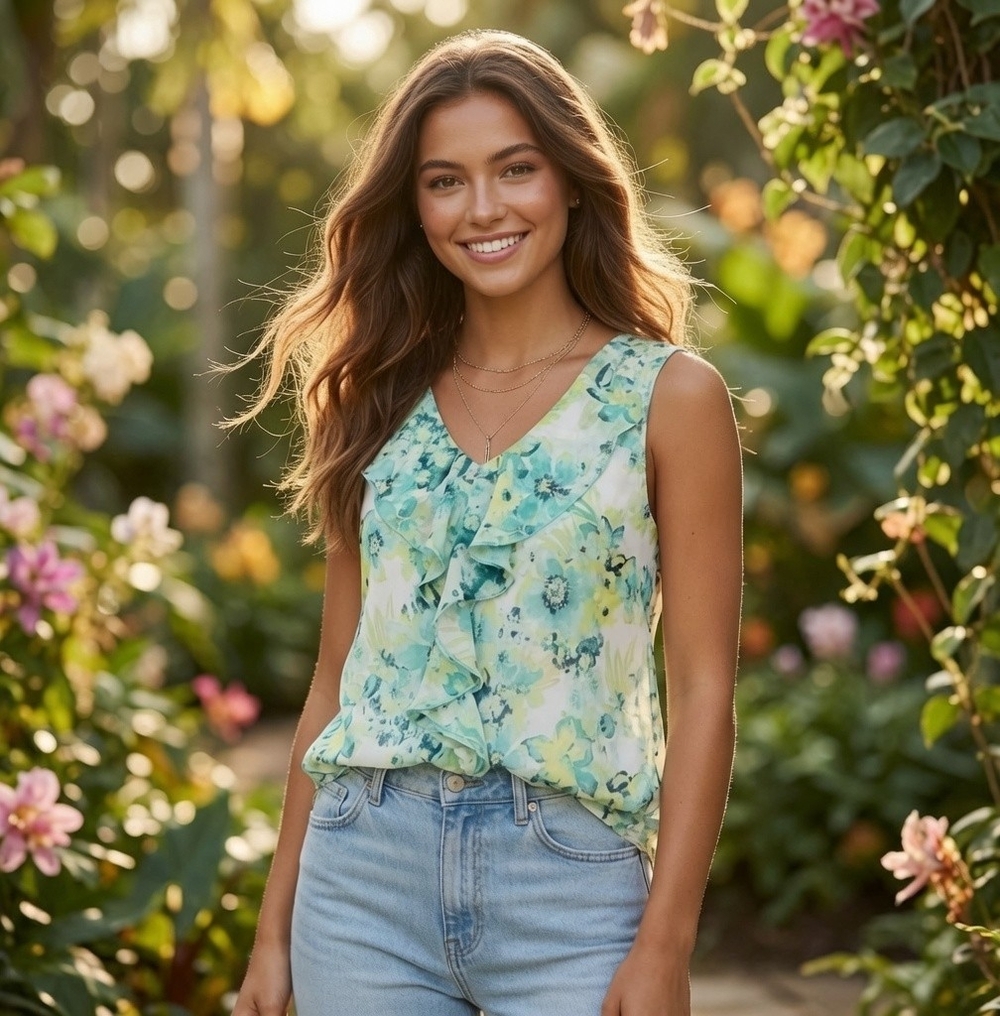 By & By Floral Ruffle Neck Sleeveless Top Lace Back Teal Yellow Womens M